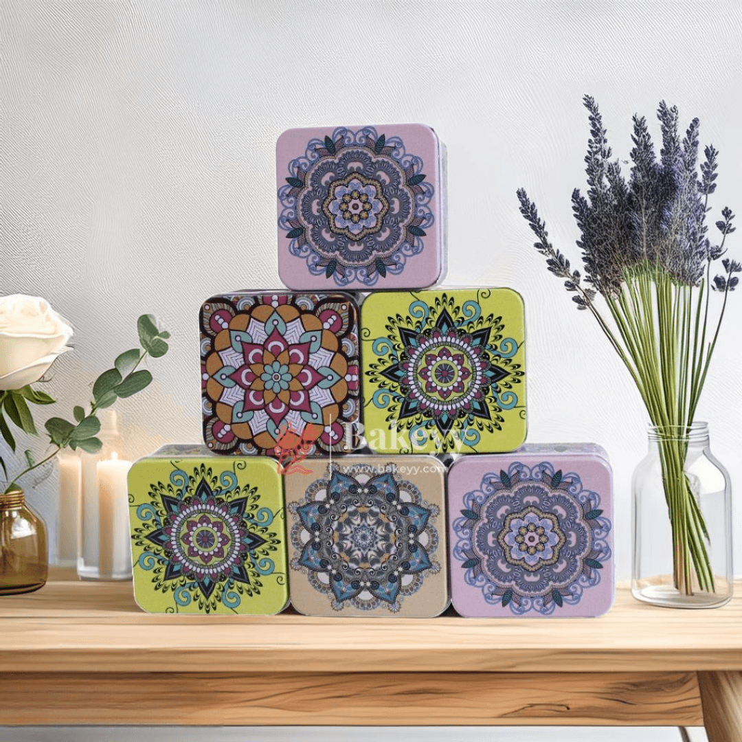 8x8x5cm| Matka Tin | Square Shaped Decorative Boxes | Pack Of 6 | Different Designs| Candle Tin Box | - Bakeyy.com - India - 8x8x5cm| Matka Tin | Square Shaped Decorative Boxes | Pack Of 6 | Different Designs| Candle Tin Box | - Default Title