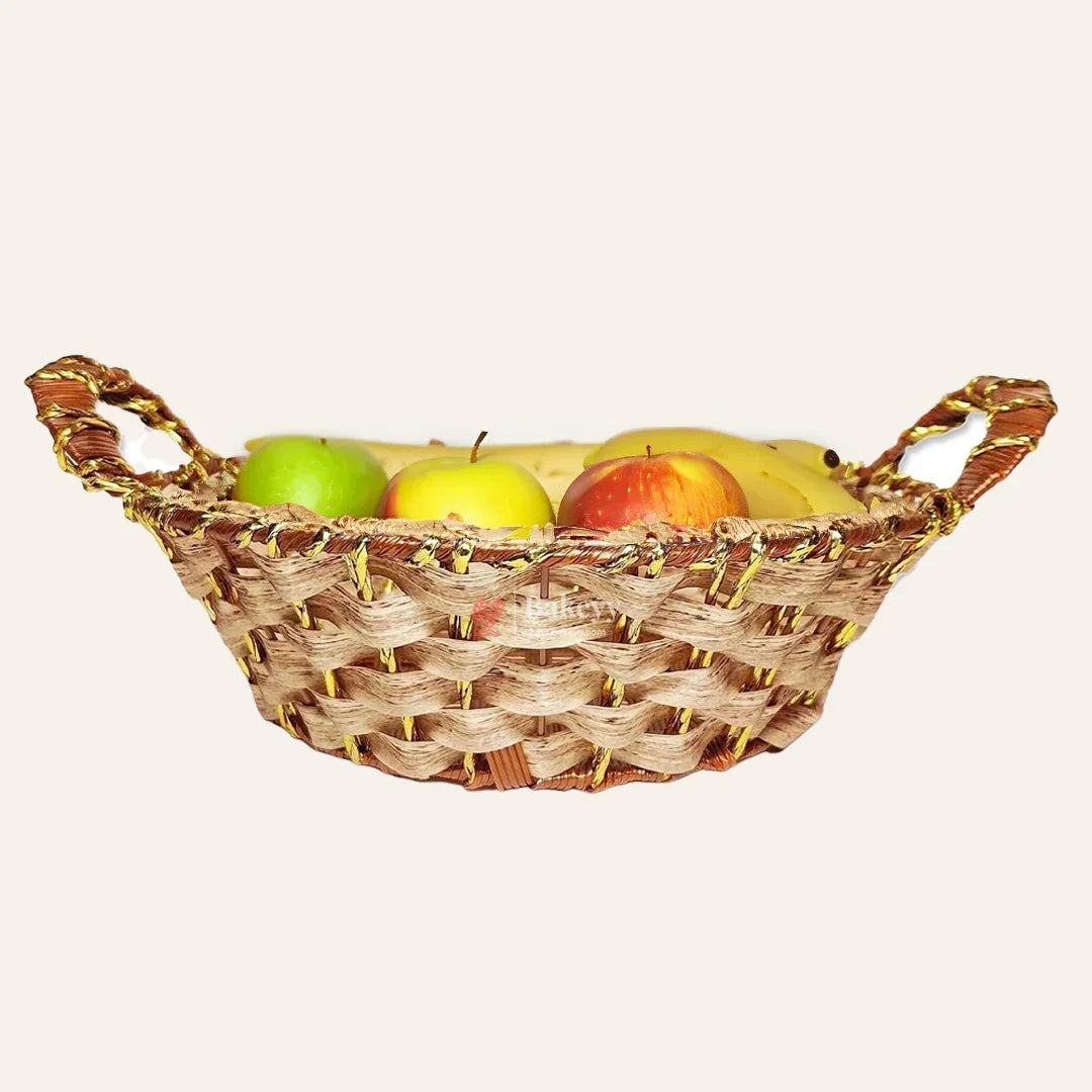 Rustic Handwoven Round Basket with Handles & Golden Border – Decorative Storage & Serving Tray - Bakeyy.com - India - Rustic Handwoven Round Basket with Handles & Golden Border – Decorative Storage & Serving Tray - Default Title