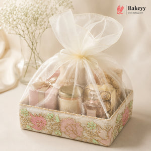 Gift set in a decorative box with sheer cover, featuring products from Bakeyy brand.