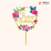 Decorative 'Happy Birthday' cake topper with floral design on a white background, featuring the brand 'Bakeyy'.