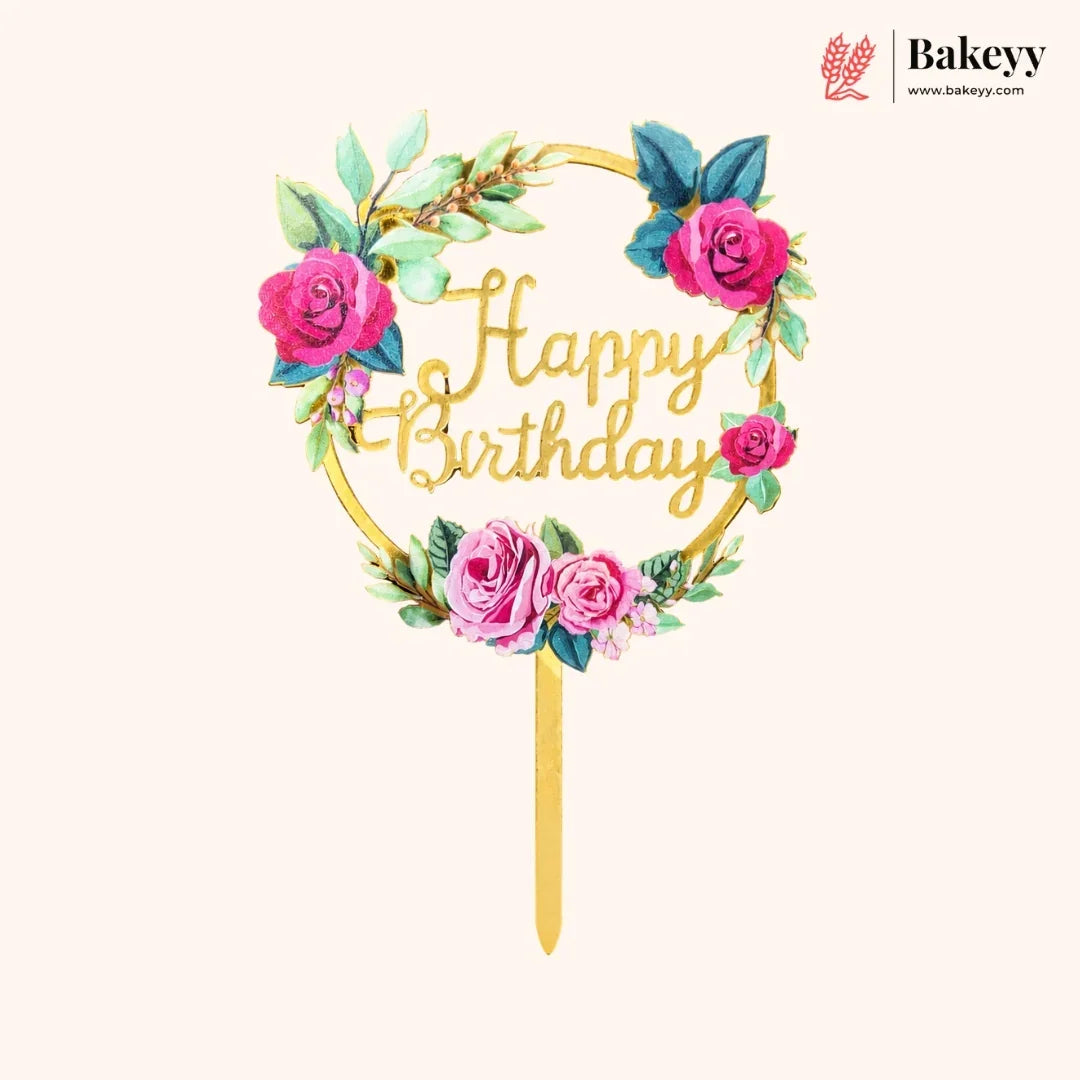 Decorative 'Happy Birthday' cake topper with floral design on a white background, featuring the brand 'Bakeyy'.