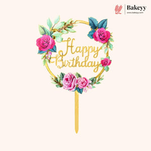 Decorative 'Happy Birthday' cake topper with floral design on a white background, featuring the brand 'Bakeyy'.