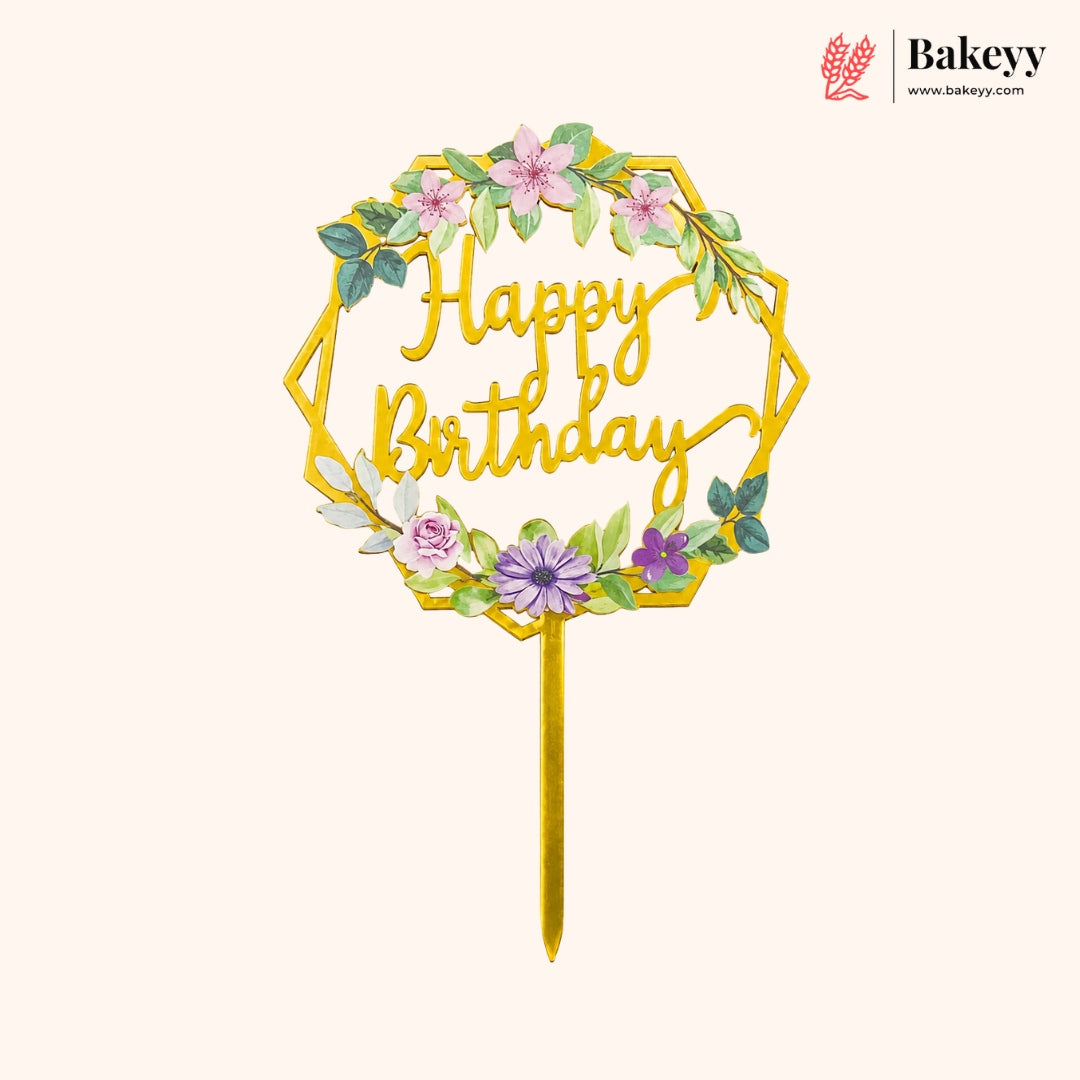 Happy Birthday cake topper with floral design on a white background, branded 'Bakeyy'.