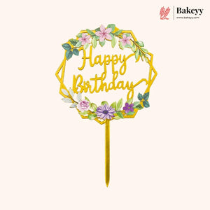 Happy Birthday cake topper with floral design on a white background, branded 'Bakeyy'.