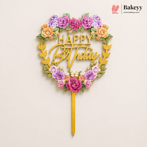 Floral Happy Birthday Cake Topper | Gold Finish Assorted Birthday Cake Decoration | 50 Pieces Per Pack| Pack of 5