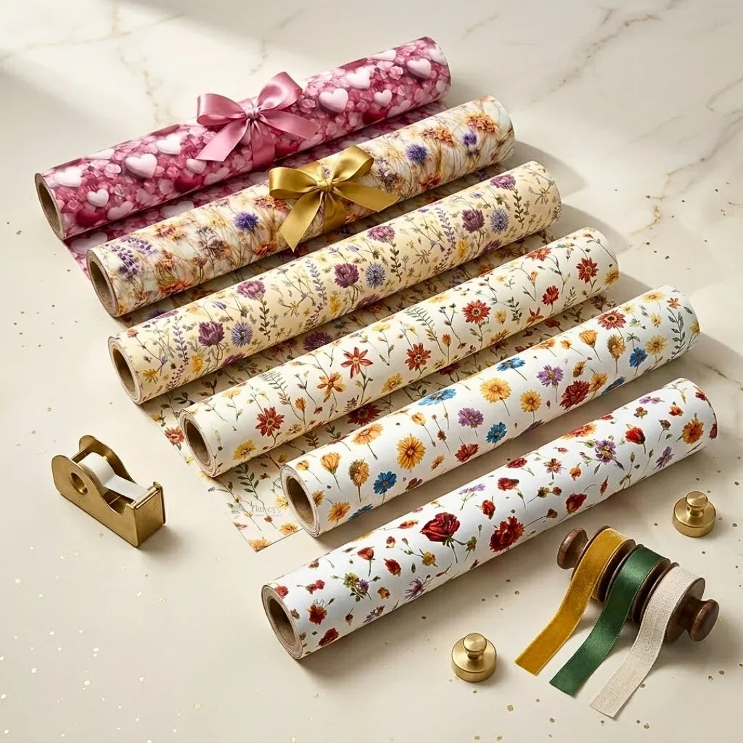 Rolls of floral-patterned paper with decorative ribbons on a light background