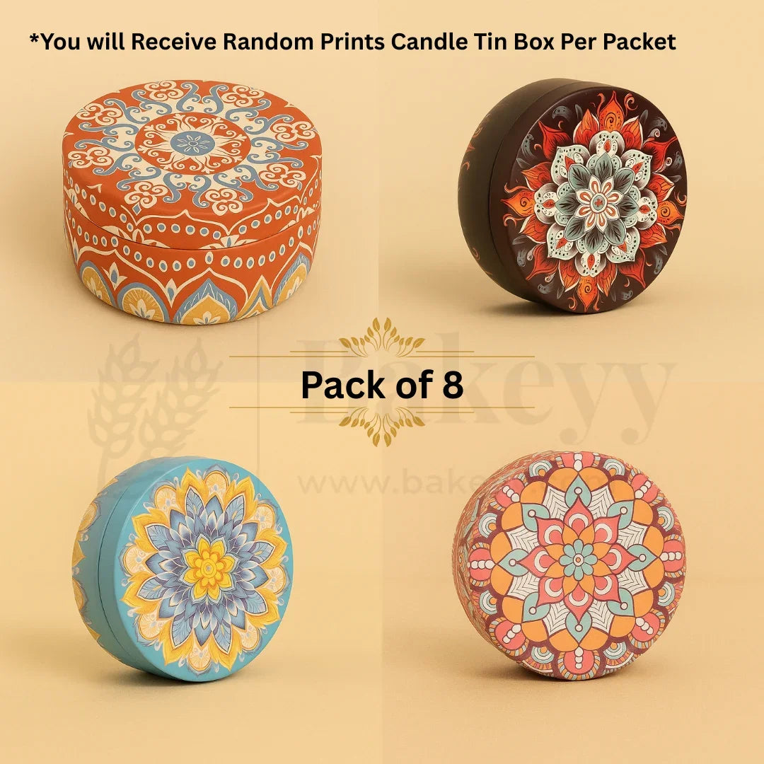 Four colorful candle tin boxes with mandala designs on a beige background, labeled 'Pack of 8'.