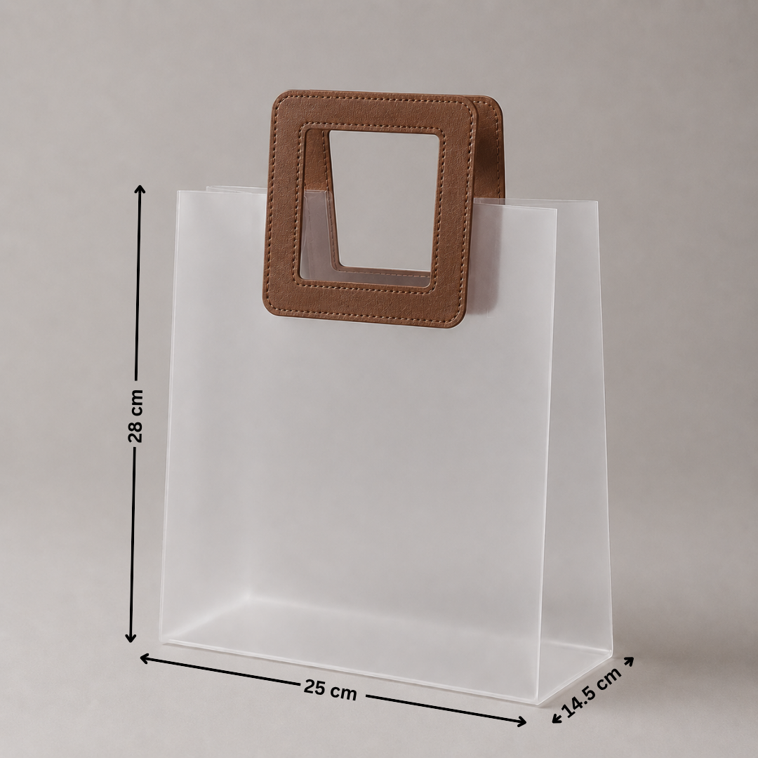Clear plastic bag with a brown handle and measurements on a gray background