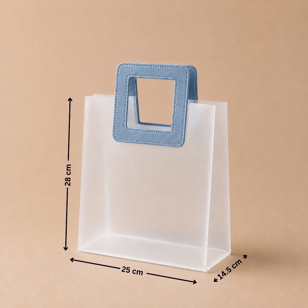 White paper bag with a blue handle and measurements on a beige background