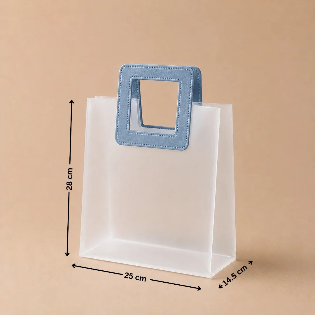 White paper bag with a blue handle and measurements on a beige background