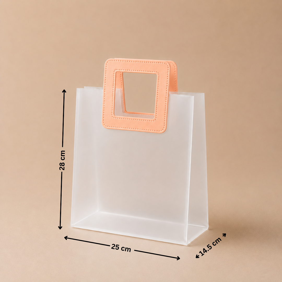 Clear plastic bag with a pink handle and measurements on a beige background