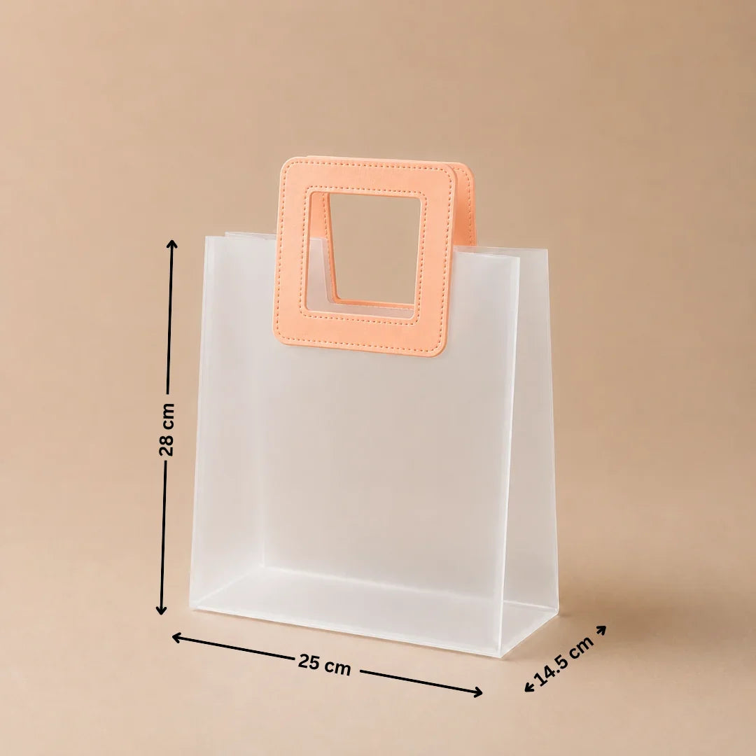 Clear plastic bag with a pink handle and measurements on a beige background