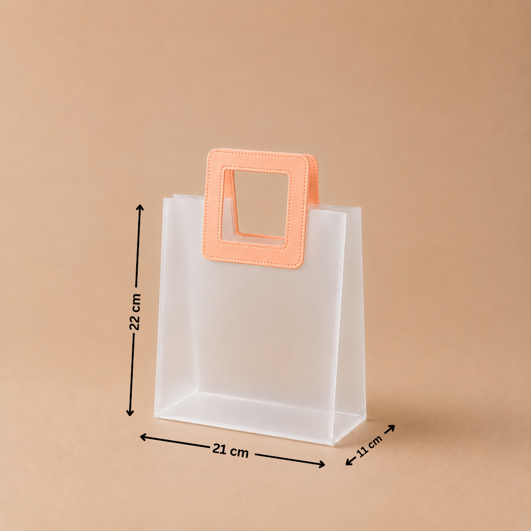 Clear plastic bag with a peach-colored handle and measurements on a beige background