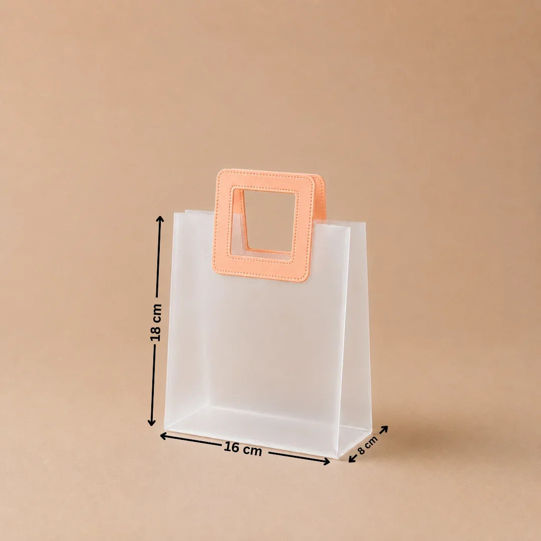 Clear plastic bag with a pink handle and measurements on a beige background