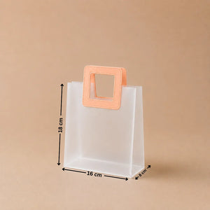Clear plastic bag with a pink handle and measurements on a beige background