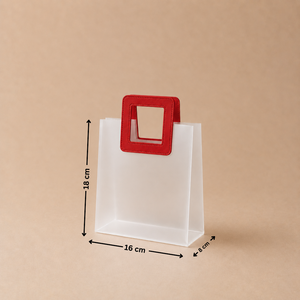 White paper bag with a red handle and measurements on a beige background