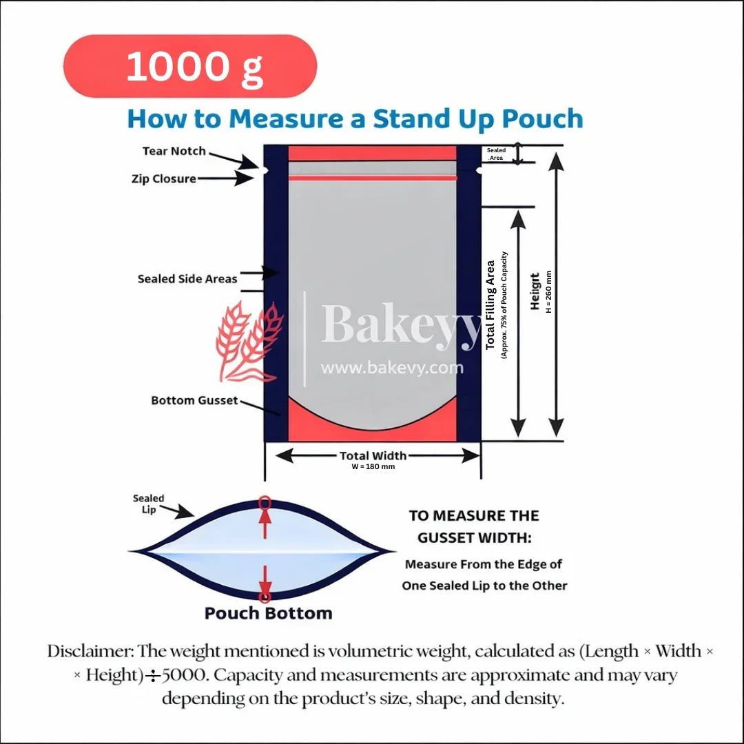 Bakeyy stand-up kraft pouch 1000g measurement guide with labeled features and dimensions