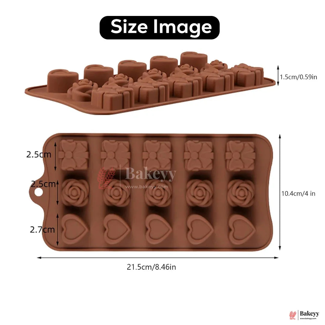 Silicone Heart, Rose & Gift Shape Chocolate Mould – 15 Cavity Romantic Design Tray| 1 Piece