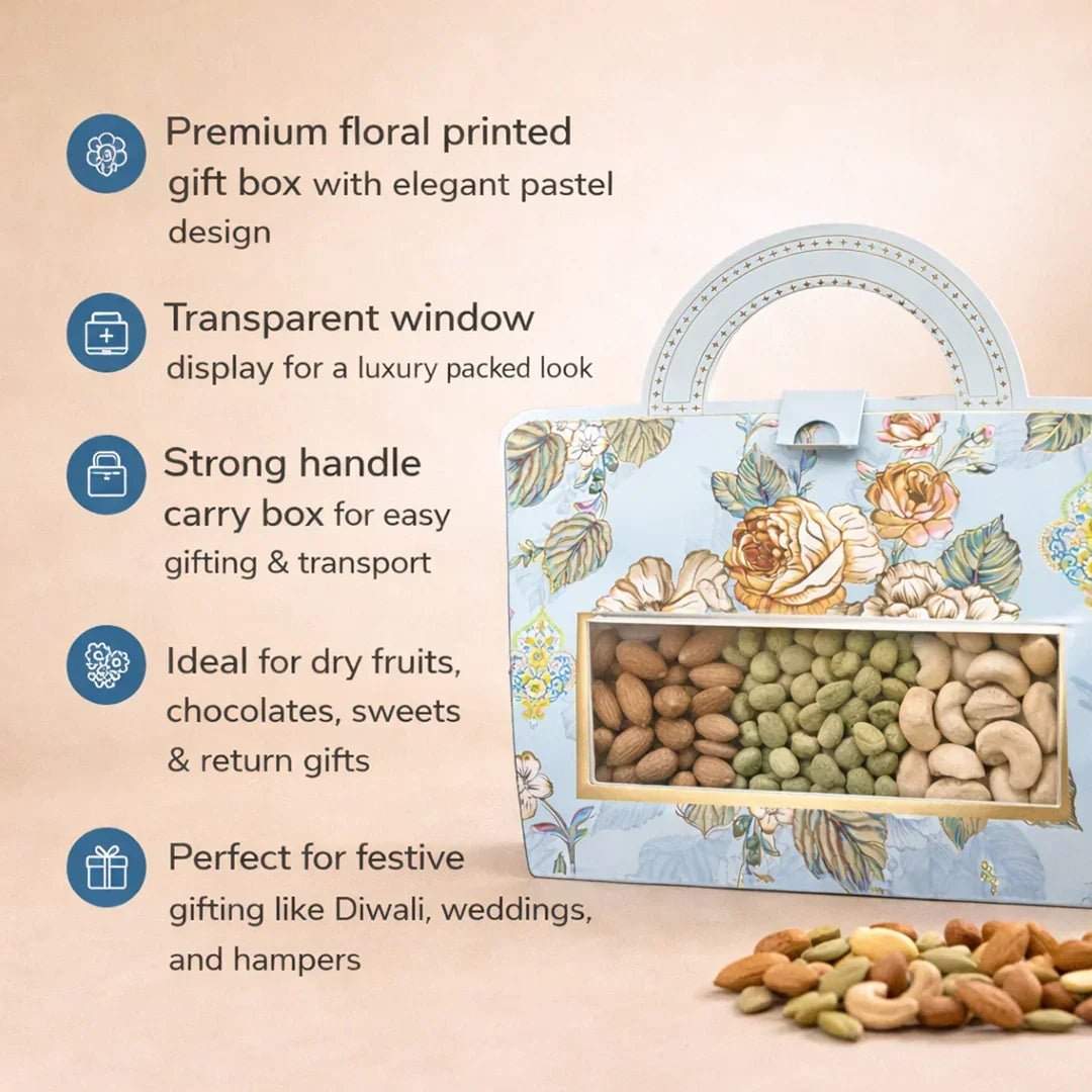 Floral Handle Dry Fruit Gift Box with Transparent Window | Premium Festive Packing Box for Dry Fruits, Chocolates & Hampers | Pack of 10 - Bakeyy.com - India - Floral Handle Dry Fruit Gift Box with Transparent Window | Premium Festive Packing Box for Dry Fruits, Chocolates & Hampers | Pack of 10 - Default Title 750.00