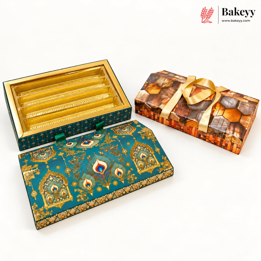 Printed Sweet Box with Golden Cavity & Stain Ribbon Handle | 2 Designs | Pack of 1