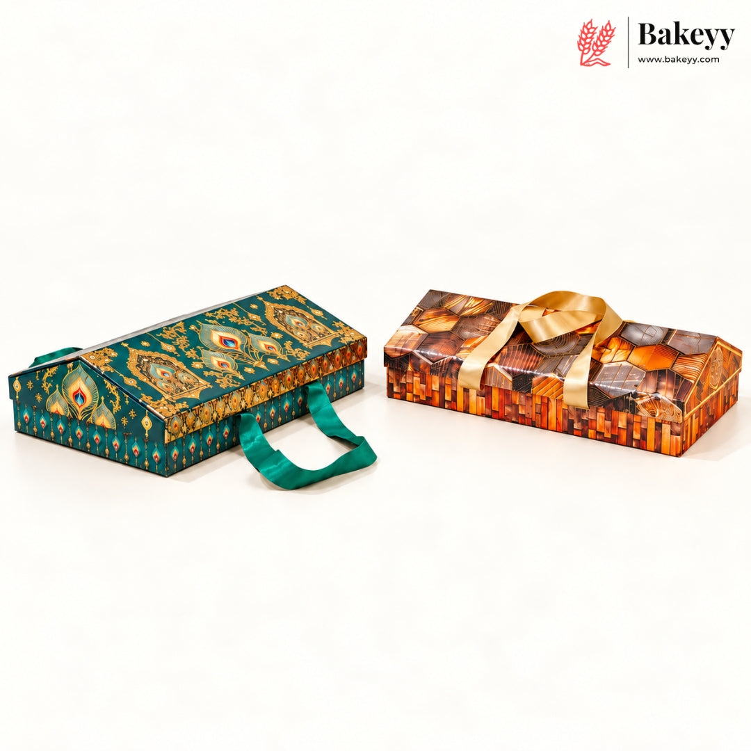 Printed Sweet Box with Golden Cavity & Stain Ribbon Handle | 2 Designs | Pack of 1