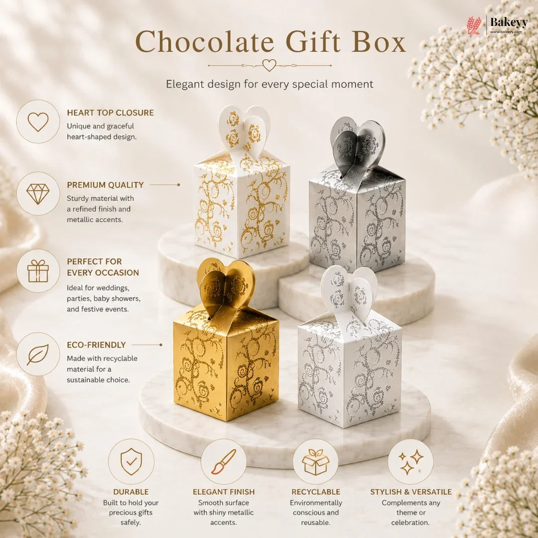 Chocolate gift boxes with heart-shaped closures on a decorative stand, featuring Bakey branding.