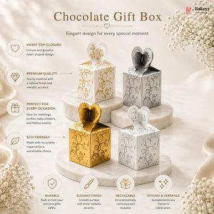 Chocolate gift boxes with heart-shaped closures on a decorative stand, featuring Bakey branding.
