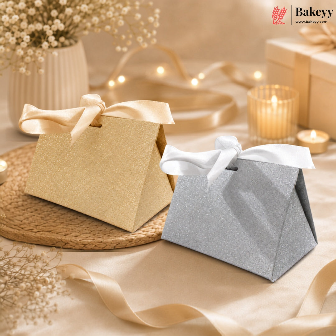 Gift Box Wedding Party Favor Box for Small Gift | Paper Box with Ribbon | Silver & Gold Color | Pack Of 10