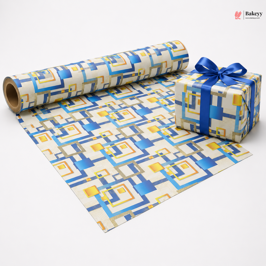 Roll of geometric-patterned gift wrap with a wrapped present and blue ribbon on a white background.