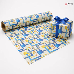 Roll of geometric-patterned gift wrap with a wrapped present and blue ribbon on a white background.