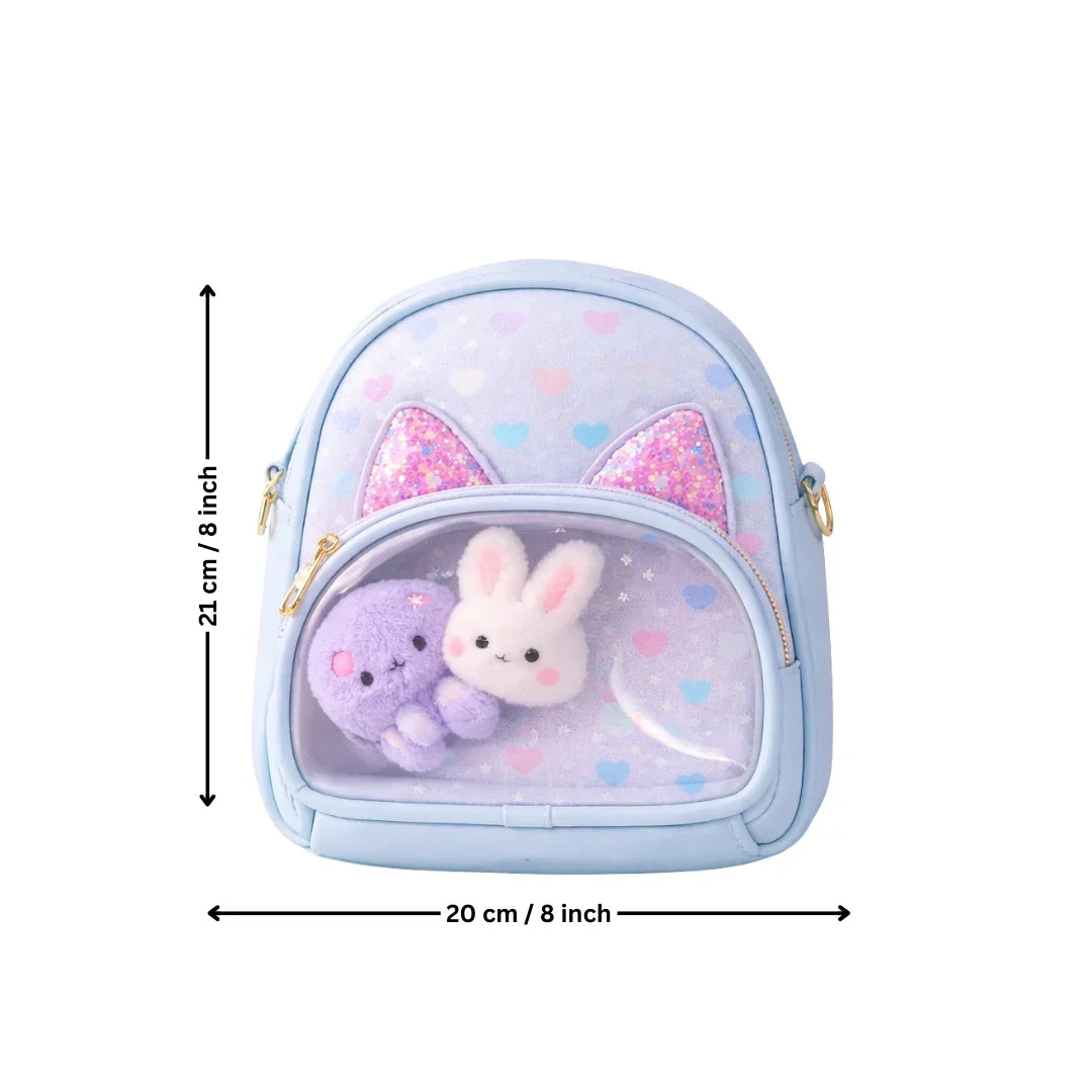 GirlsMiniCrossbodyBackpackwithBunnyCharm_CatEarGlitterWindowPVCPocketKidsBag_5 - Bakeyy.com