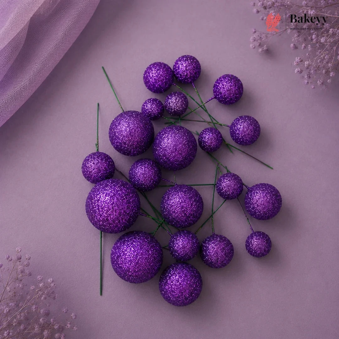 Purple glittery spherical decorations on a purple background with 'Bakeey' branding.