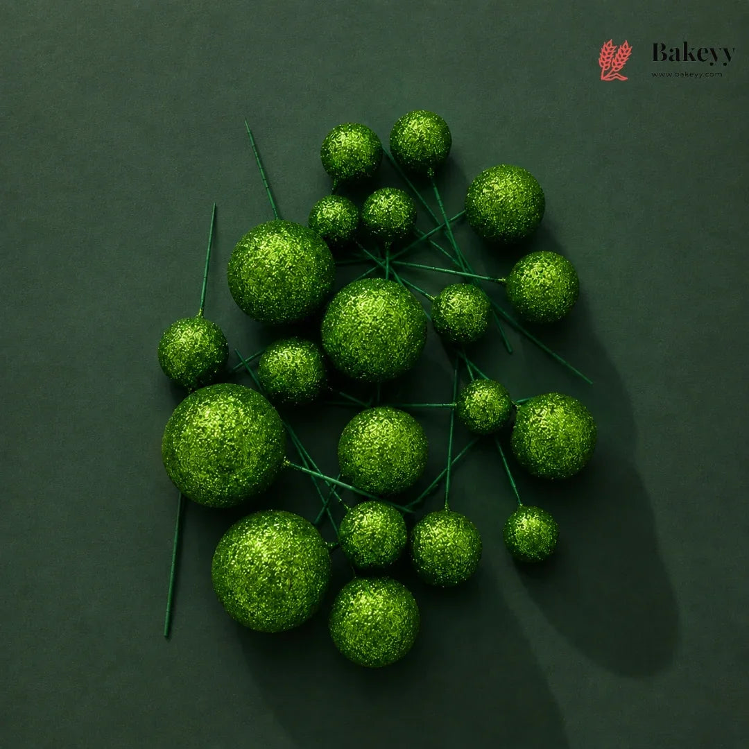 Green decorative balls on a dark green background with 'Bakeyy' branding.