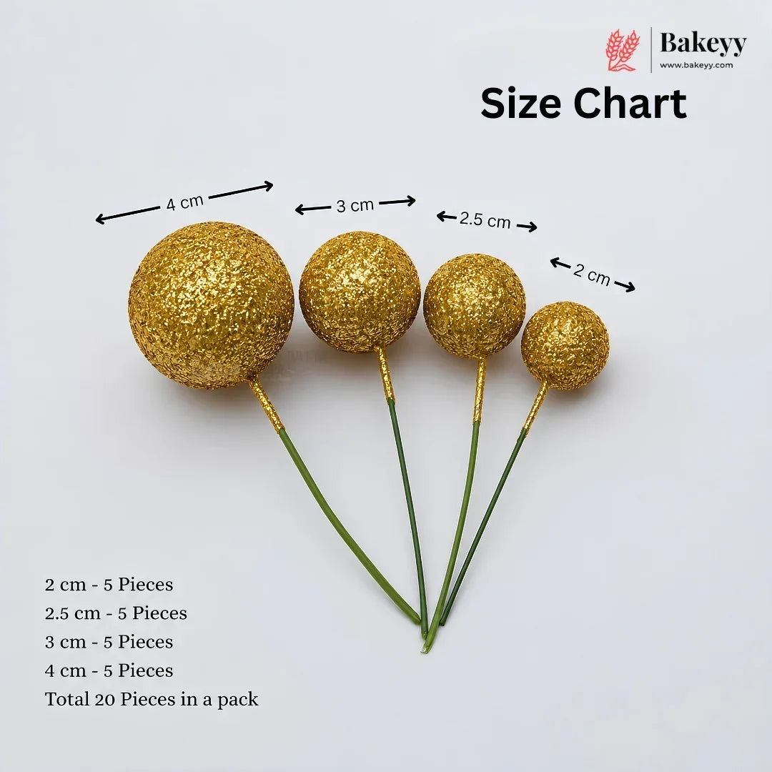 Gold decorative spheres with measurement chart on a white background, featuring the brand 'Bakeyy'.