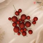 Red decorative balls on a beige fabric background with 'Bakeyv' branding.