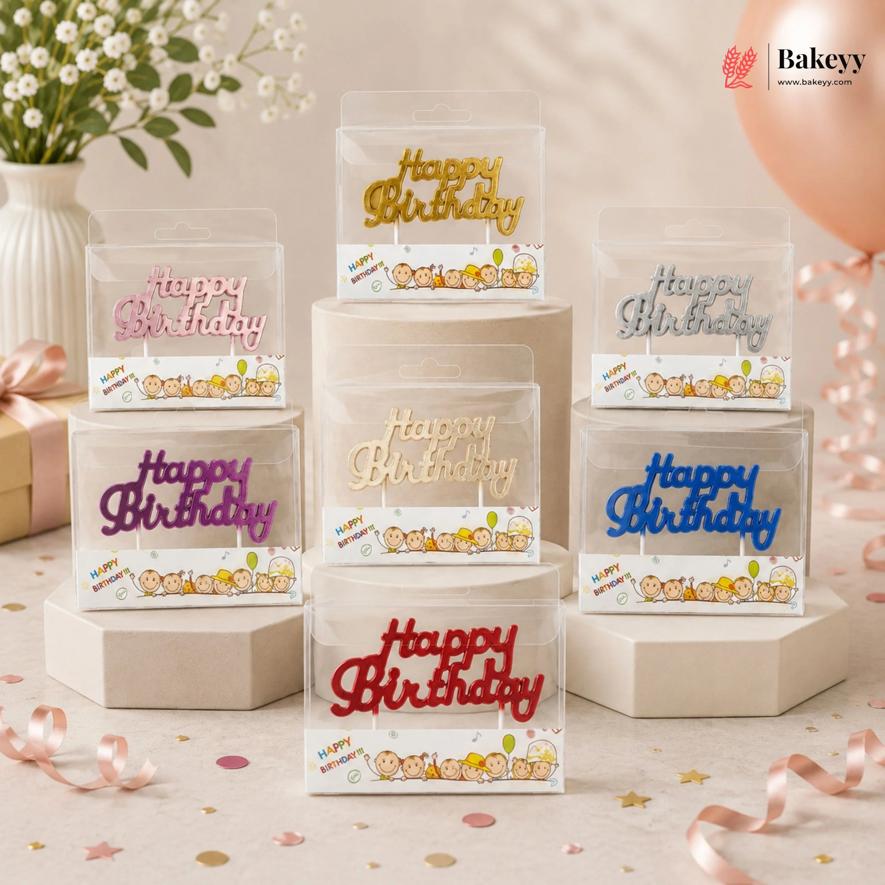 Set of transparent birthday card holders with 'Happy Birthday' text in various colors on a decorative background.
