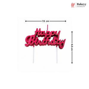 Pink 'Happy Birthday' cake topper with dimensions on a white background, featuring the Bakeyy brand.
