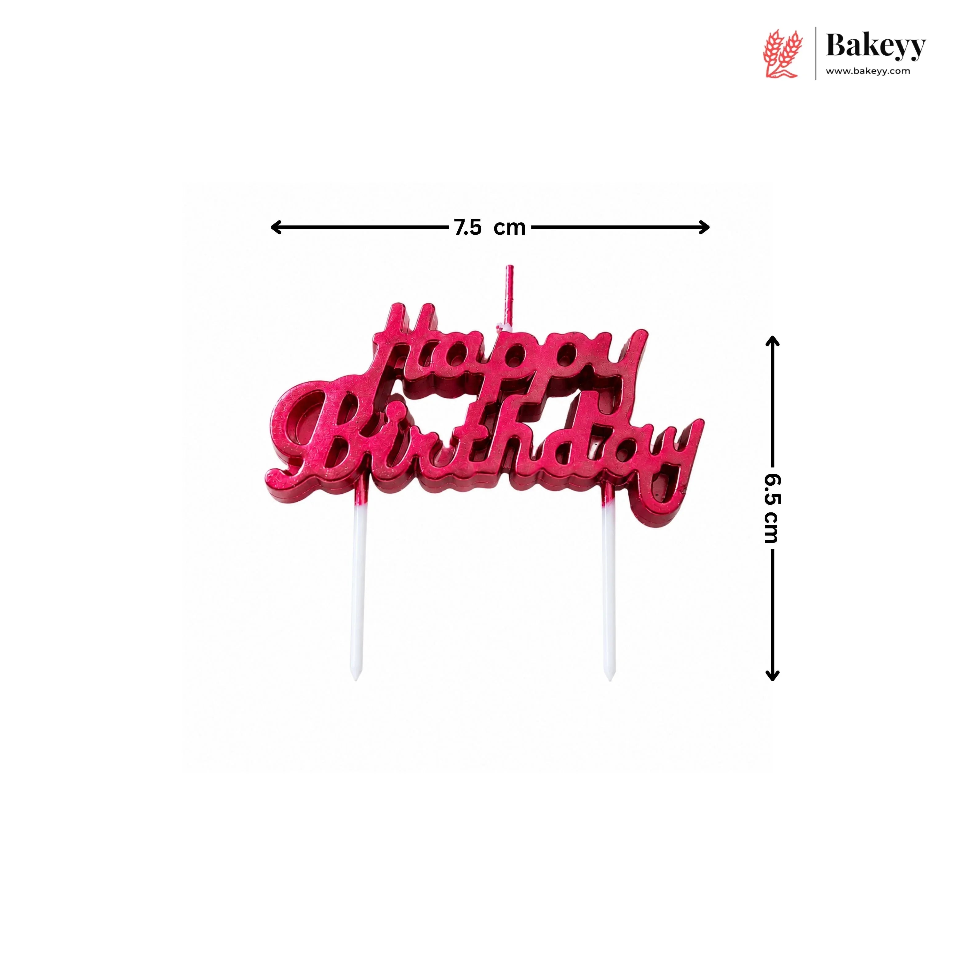 Pink 'Happy Birthday' cake topper with dimensions on a white background, featuring the Bakeyy brand.