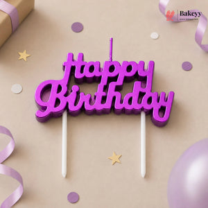Purple 'Happy Birthday' cake topper on a beige background with ribbons and stars.