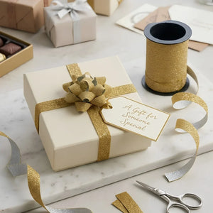 Gift box wrapped with gold ribbon and bow on a marble surface with gift wrap materials.