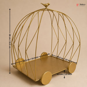 Gold wire birdcage with dimensions on a beige background