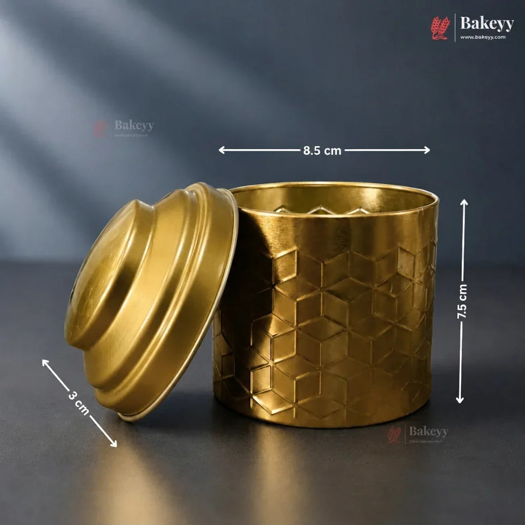 Gold textured container with lid on a dark background, featuring Bakeyy branding.
