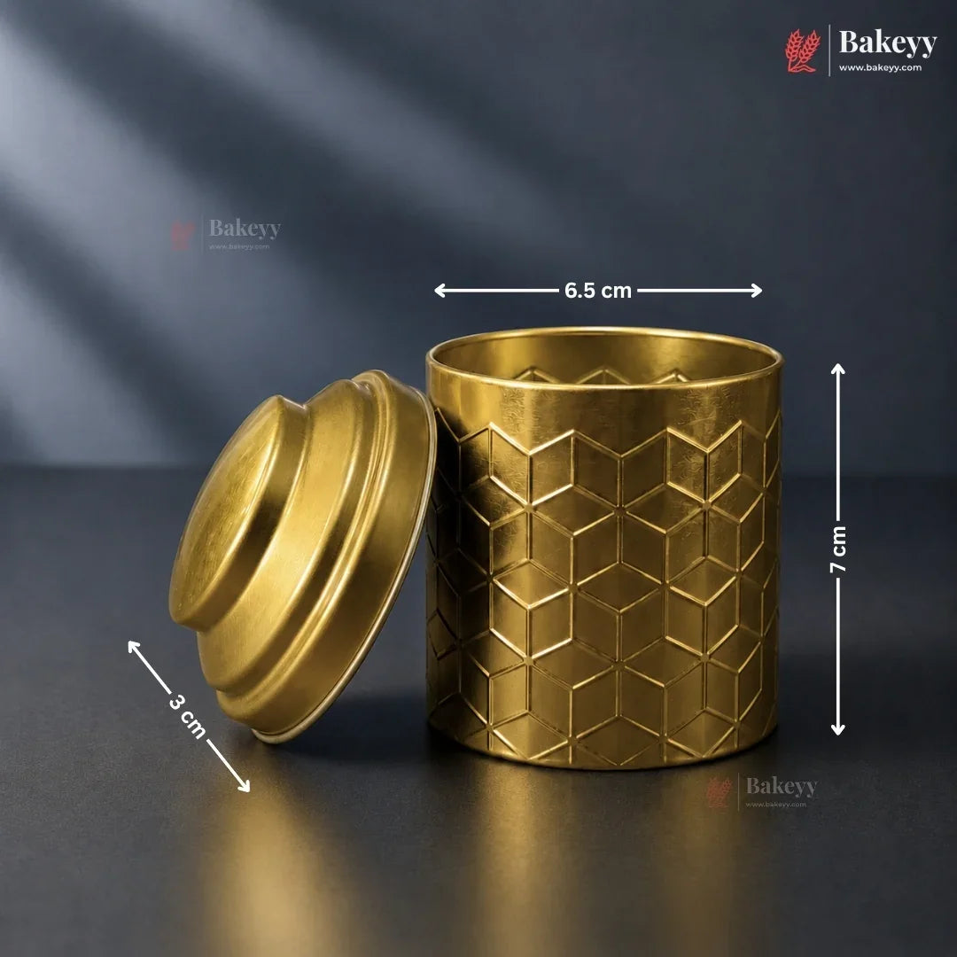 Gold textured container with lid and dimensions on a dark background