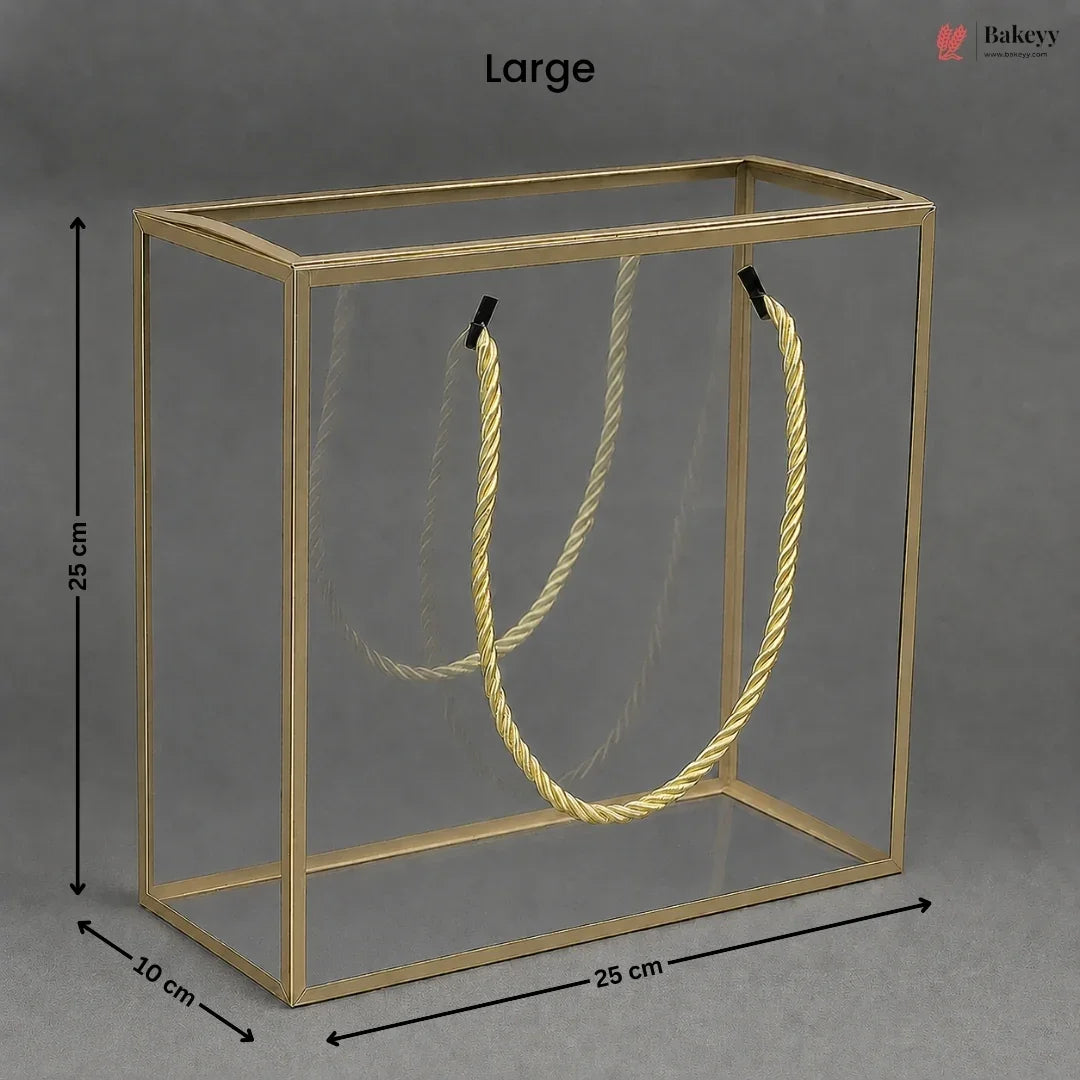 Gold metal stand with twisted rope on a gray background, dimensions indicated.