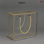 Gold rectangular stand with a yellow rope, dimensions labeled on a gray background