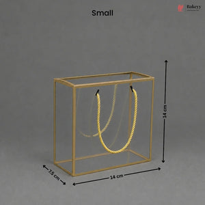 Small gold jewelry display box with dimensions on a gray background