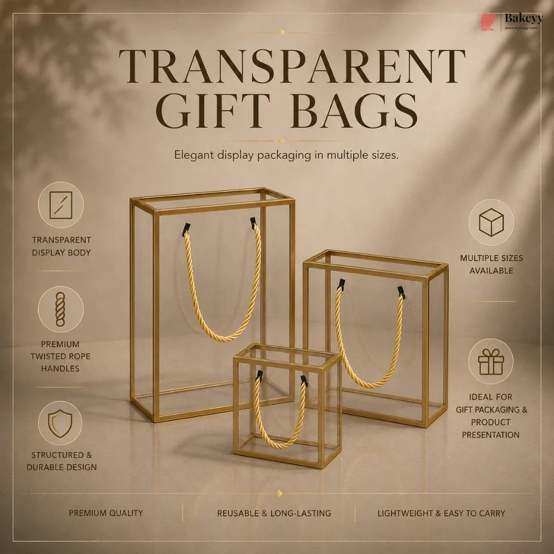 Transparent gift bags with gold handles on a beige background, featuring text about product features.
