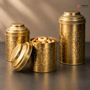 Gold Metal Storage Tin Jar with Lid | Embossed Cube Design | Pack of 4