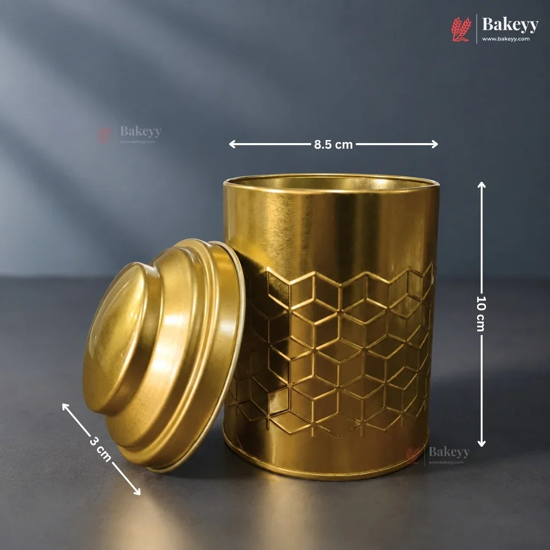 Gold-colored container with geometric pattern and dimensions on a dark background