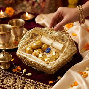 Gold Rectangle Decorative Net Basket with Drawstring Cover | Hamper Basket for Gift Packaging | 3 Sizes Available | Pack of 1